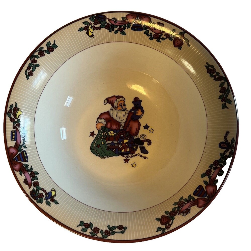 GEI Ceramic Christmas Holiday Serving Bowl Dish 9.5" Vintage Santa Floral Wreath